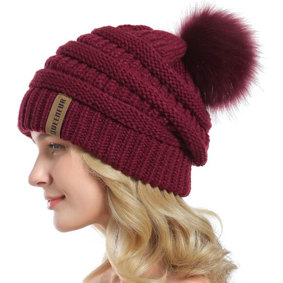 Women Burgundy Soft Acrylic Thick Baggy Knit Winter Faux Fur Pompom Beanie - Picture 3 of 6